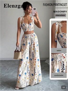 SHEIN Cream Floral Tie-Strap Wide-Leg Pants Set